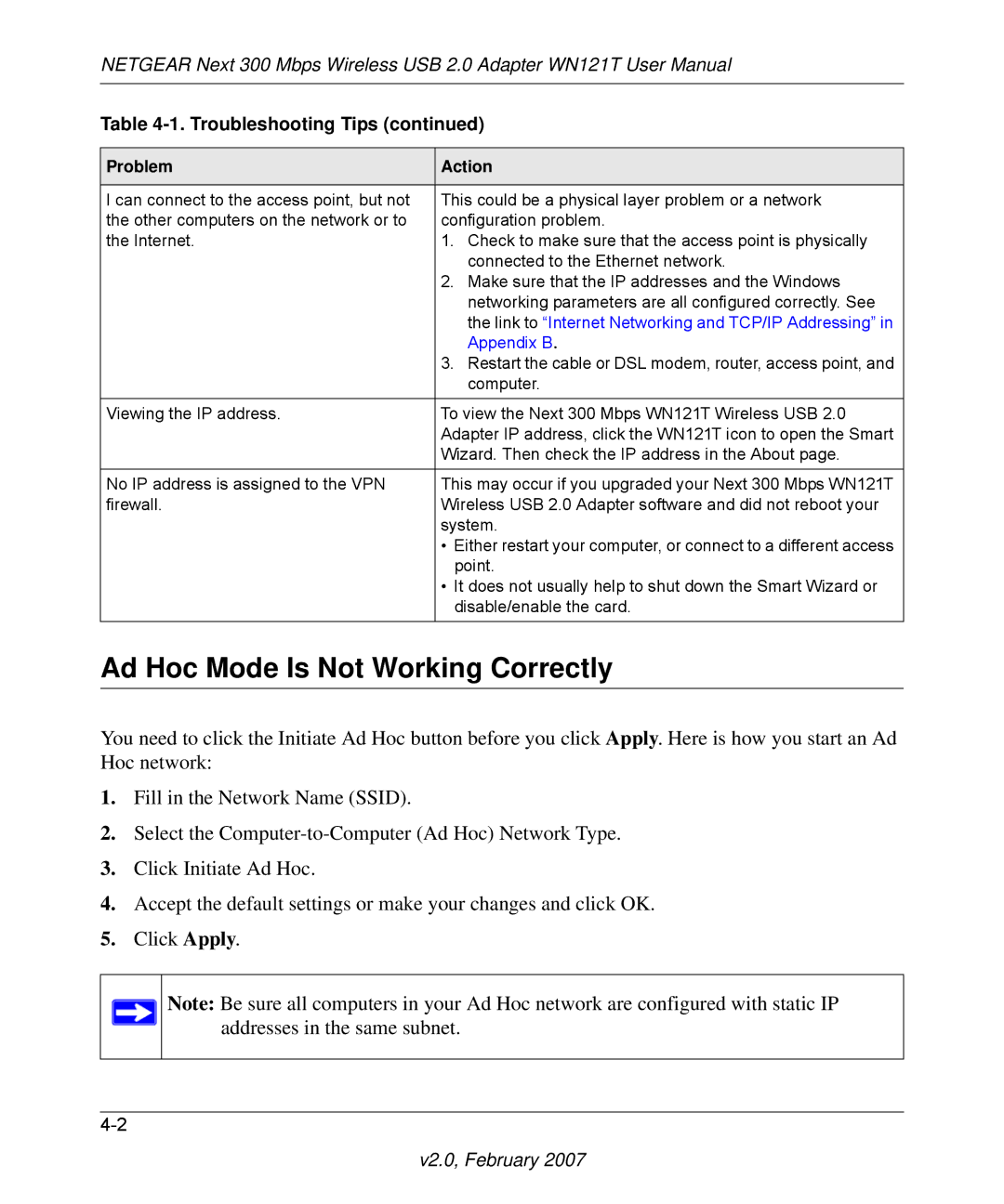 NETGEAR WN121T user manual Ad Hoc Mode Is Not Working Correctly, Appendix B 