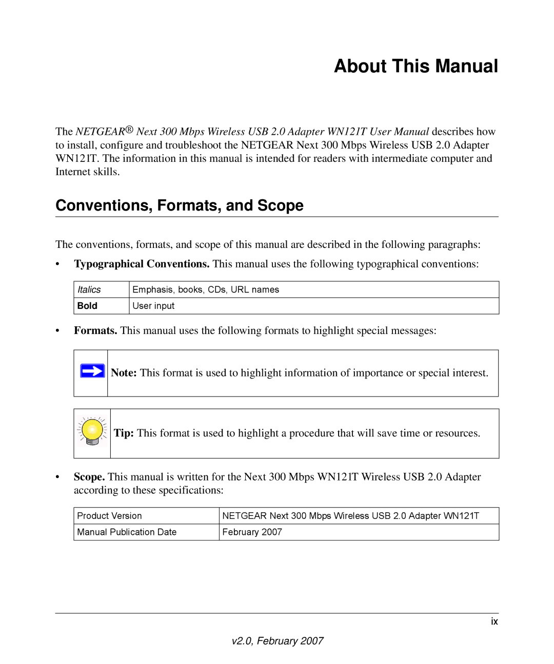 NETGEAR WN121T user manual About This Manual, Conventions, Formats, and Scope 