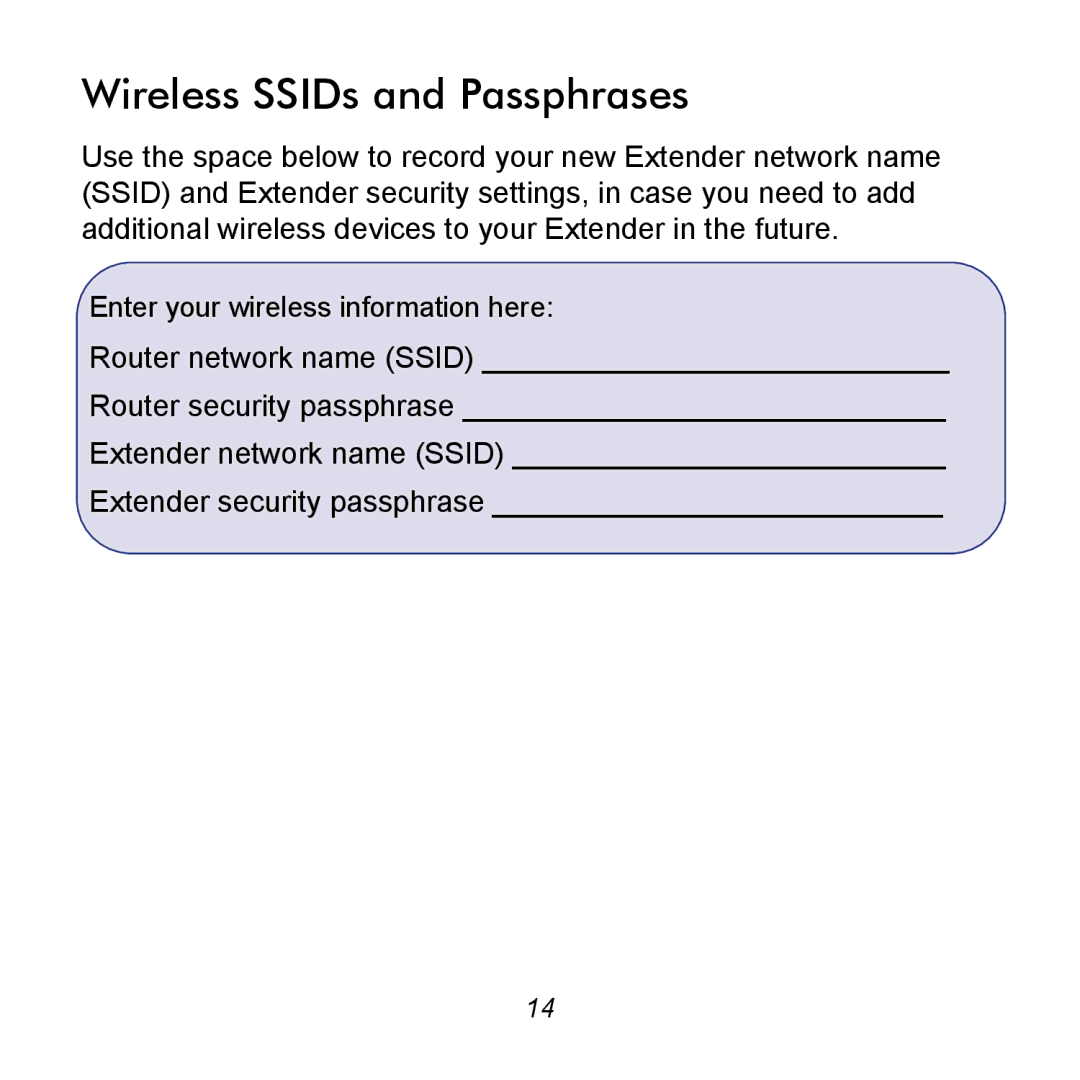 NETGEAR WN2000RPTv2 manual Wireless SSIDs and Passphrases 