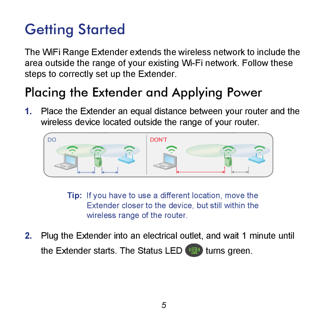 NETGEAR WN2000RPTv2 manual Getting Started, Placing the Extender and Applying Power 