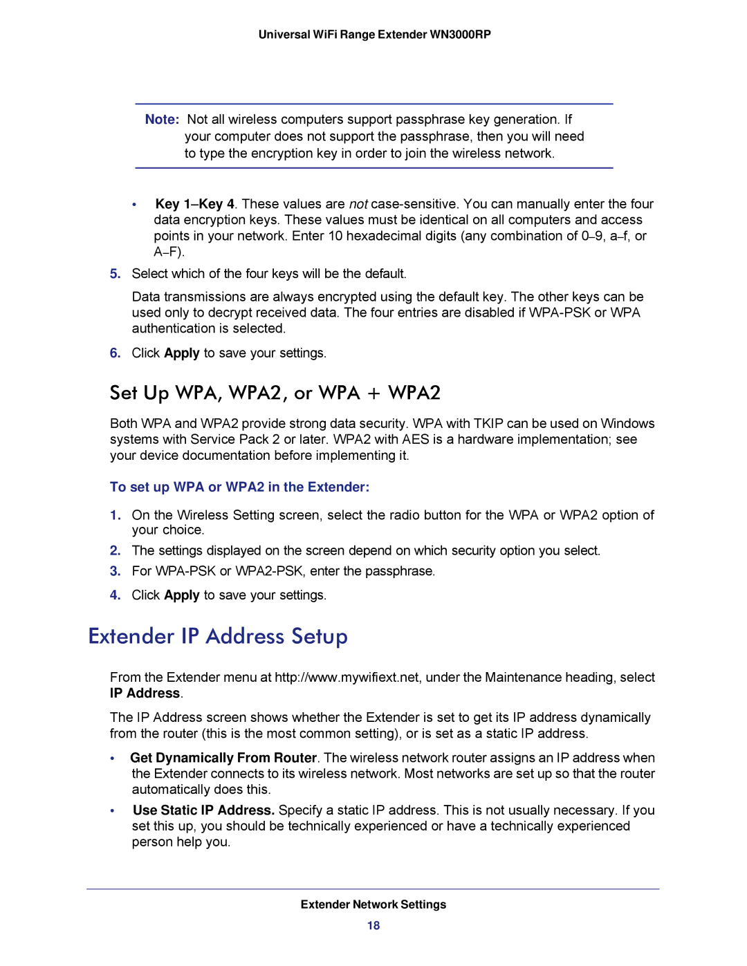 NETGEAR WN3000RP-100NAS Extender IP Address Setup, Set Up WPA, WPA2, or WPA + WPA2, To set up WPA or WPA2 in the Extender 