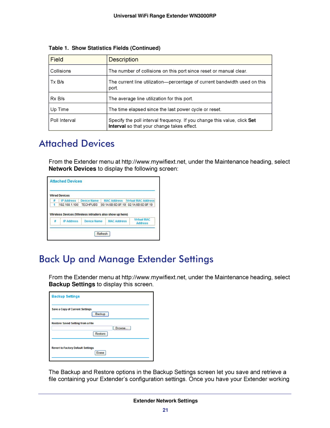 NETGEAR wn3000rp, WN3000RP-100NAS user manual Attached Devices Back Up and Manage Extender Settings 