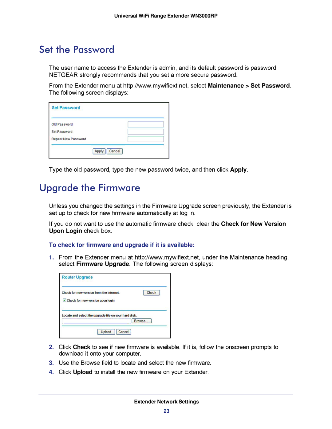 NETGEAR wn3000rp user manual Set the Password, Upgrade the Firmware, To check for firmware and upgrade if it is available 