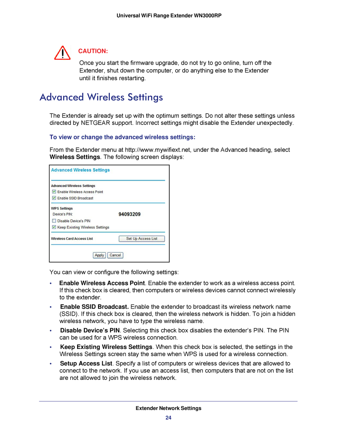 NETGEAR WN3000RP-100NAS, wn3000rp user manual Advanced Wireless Settings, To view or change the advanced wireless settings 