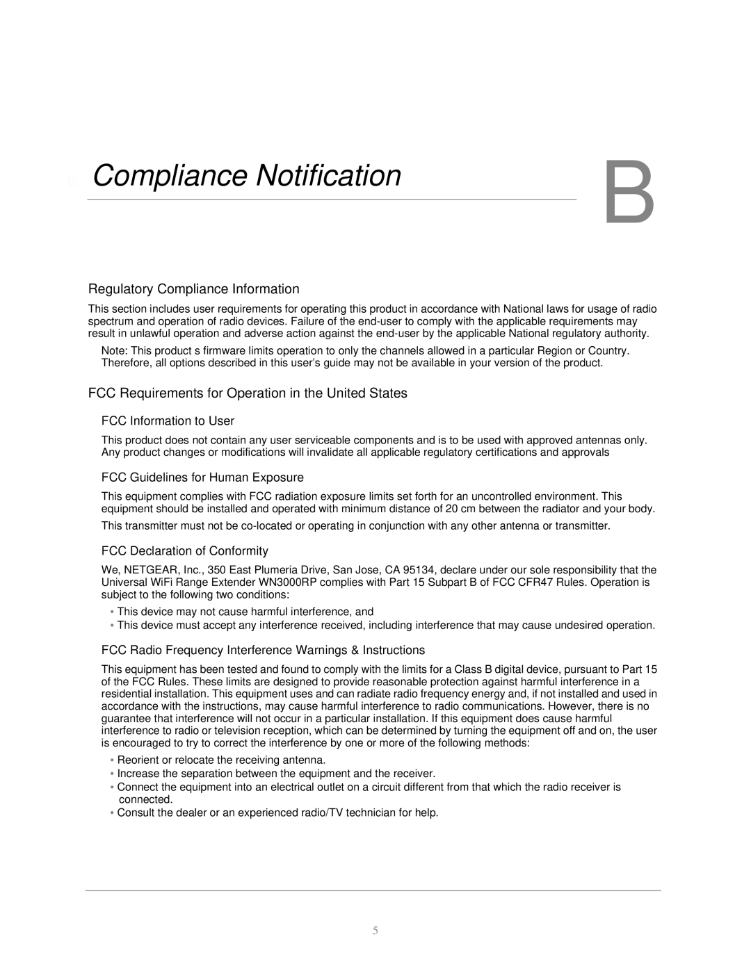 NETGEAR wn3000rp, WN3000RP-100NAS Regulatory Compliance Information, FCC Requirements for Operation in the United States 