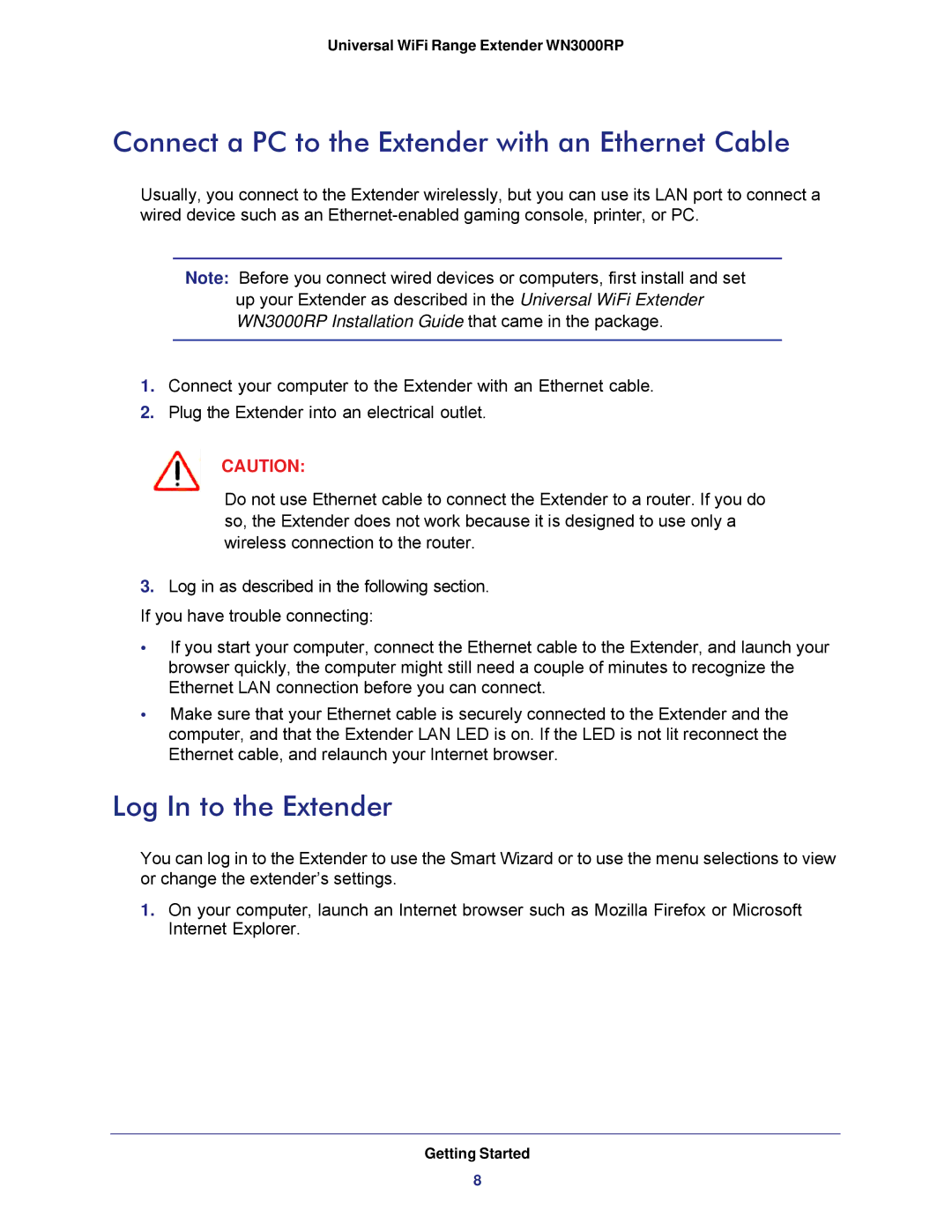 NETGEAR WN3000RP-100NAS, wn3000rp user manual Connect a PC to the Extender with an Ethernet Cable, Log In to the Extender 