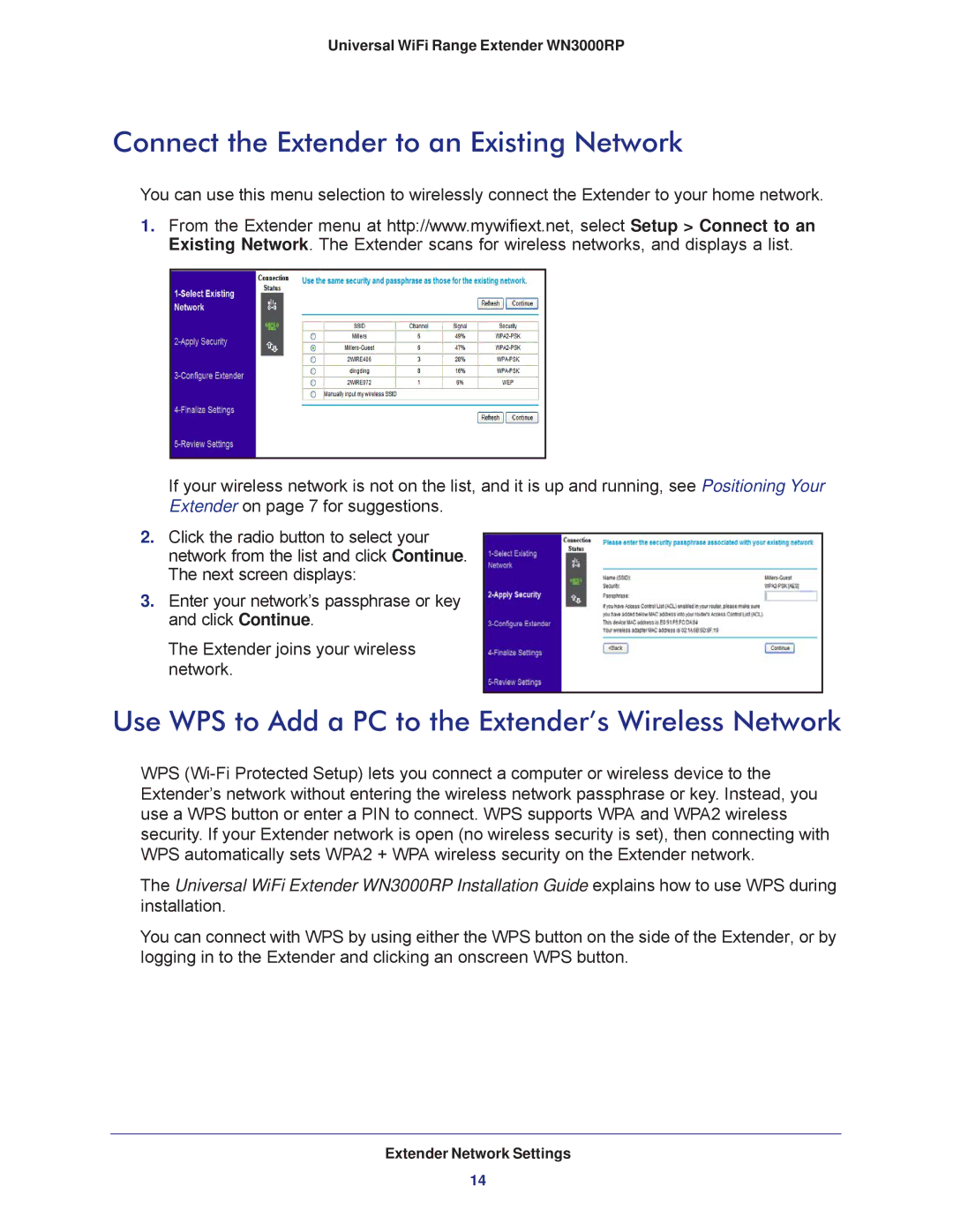 NETGEAR wn3000rp Connect the Extender to an Existing Network, Use WPS to Add a PC to the Extender’s Wireless Network 