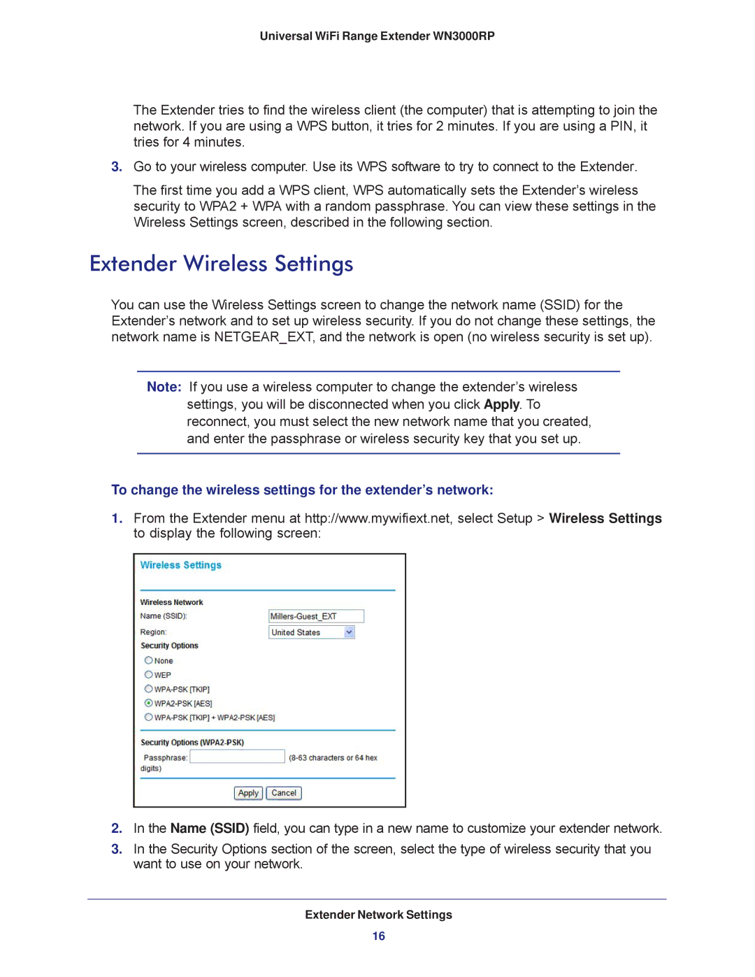 NETGEAR wn3000rp user manual Extender Wireless Settings, To change the wireless settings for the extender’s network 