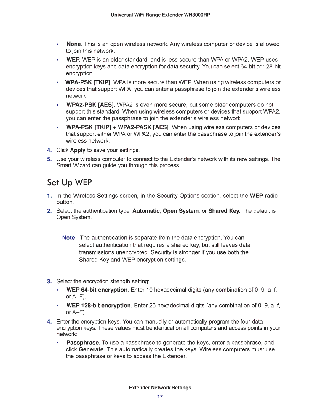 NETGEAR wn3000rp user manual Set Up WEP 