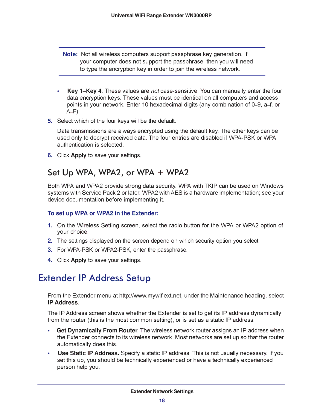 NETGEAR wn3000rp Extender IP Address Setup, Set Up WPA, WPA2, or WPA + WPA2, To set up WPA or WPA2 in the Extender 