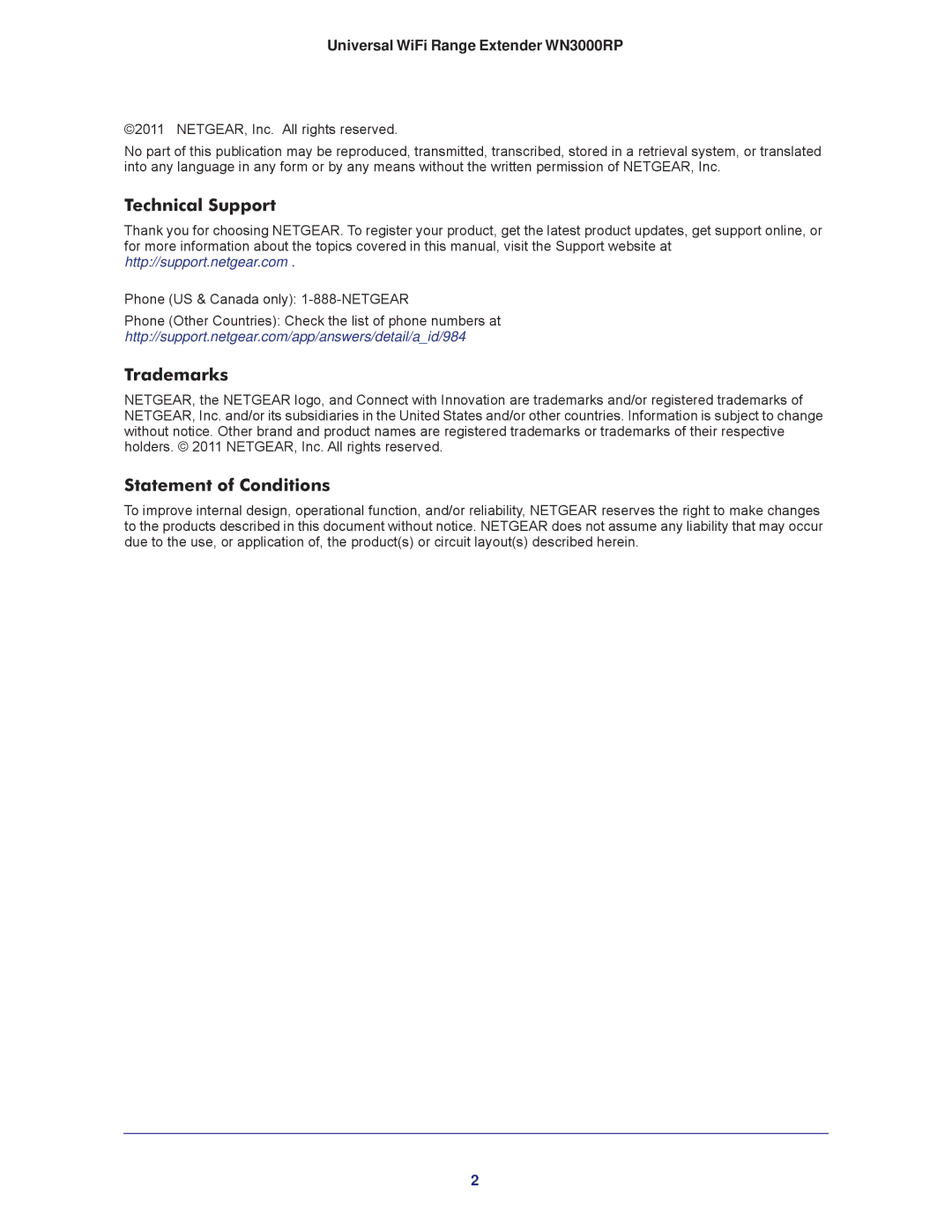NETGEAR wn3000rp user manual Technical Support, Trademarks, Statement of Conditions 