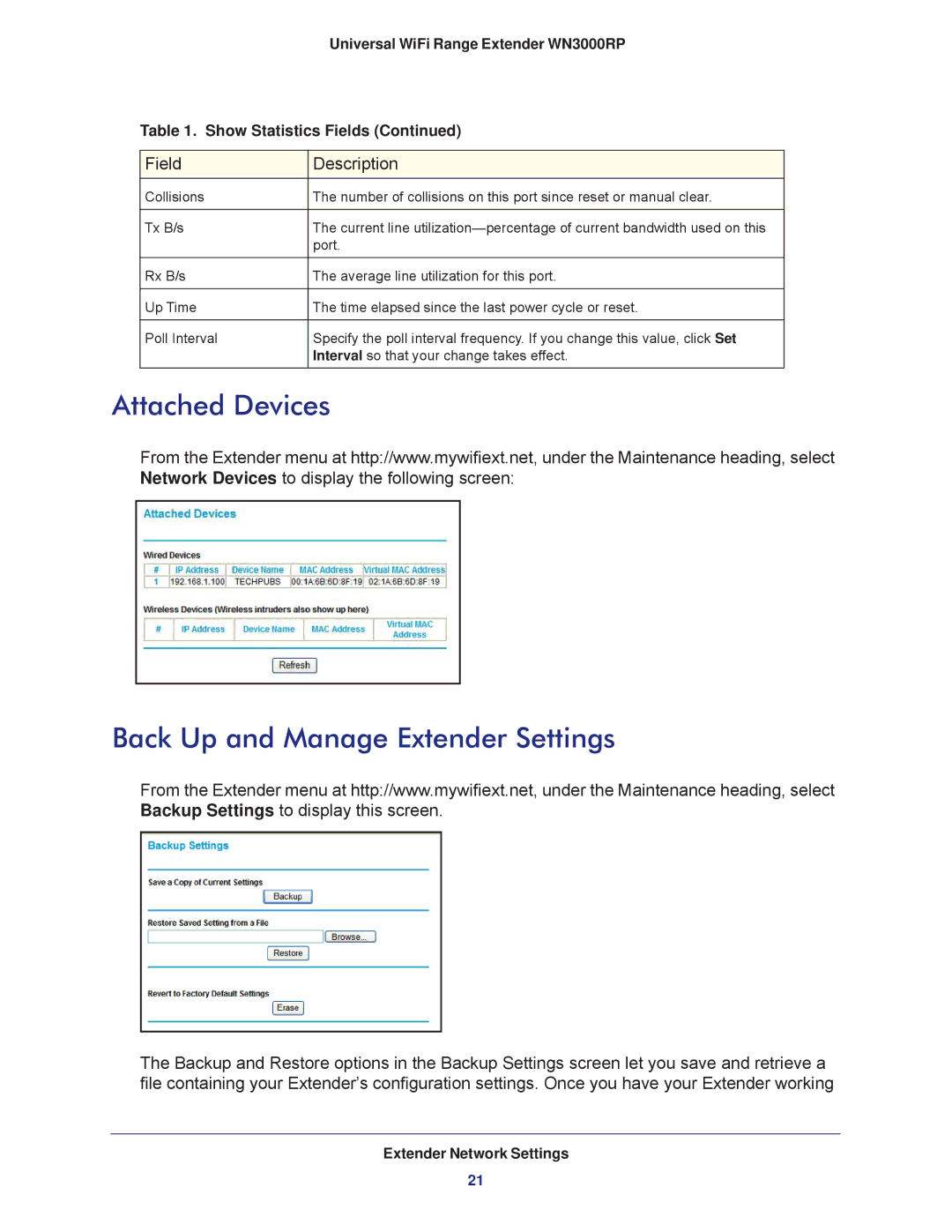 NETGEAR wn3000rp user manual Attached Devices Back Up and Manage Extender Settings 