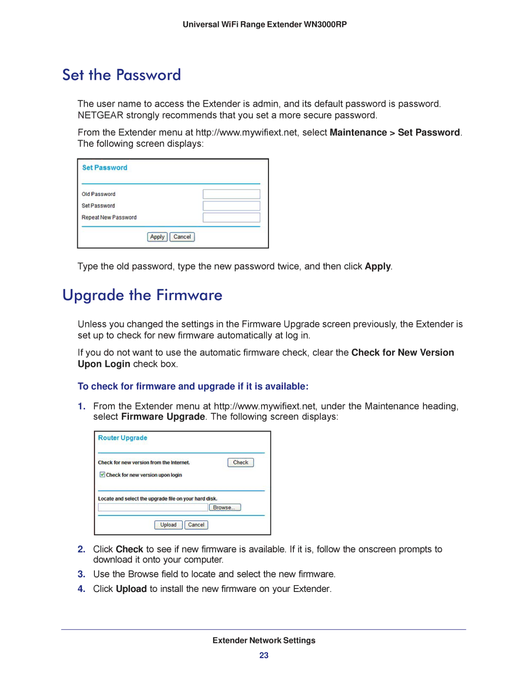 NETGEAR wn3000rp user manual Set the Password, Upgrade the Firmware, To check for firmware and upgrade if it is available 