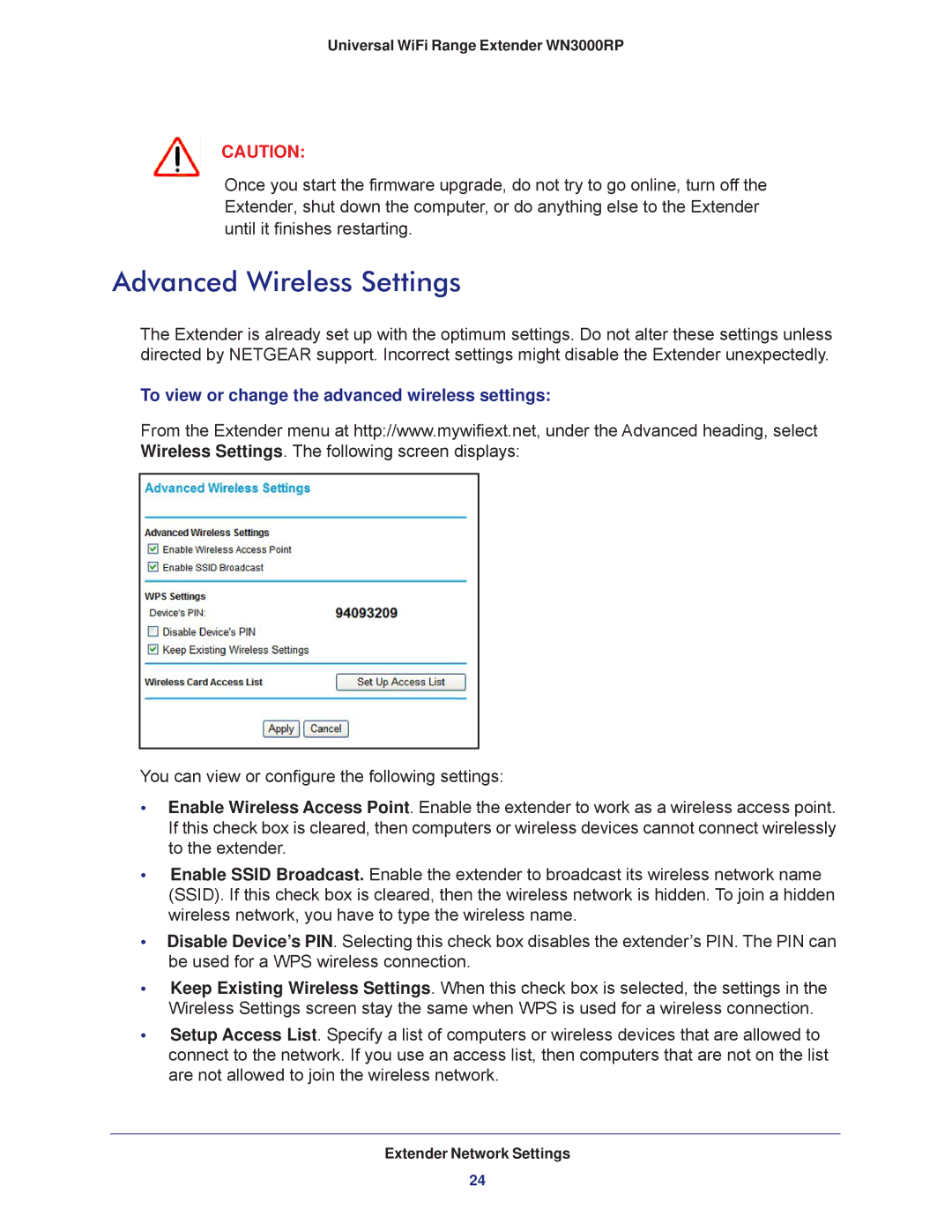 NETGEAR wn3000rp user manual Advanced Wireless Settings, To view or change the advanced wireless settings 