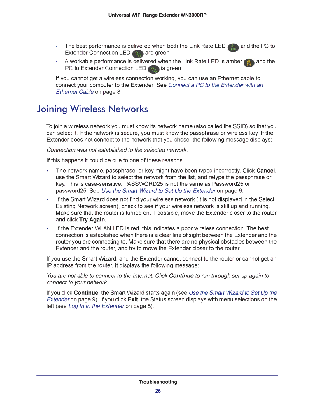 NETGEAR wn3000rp user manual Joining Wireless Networks, Connection was not established to the selected network 