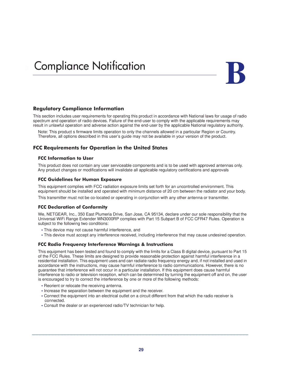 NETGEAR wn3000rp user manual Compliance Notification, Regulatory Compliance Information 