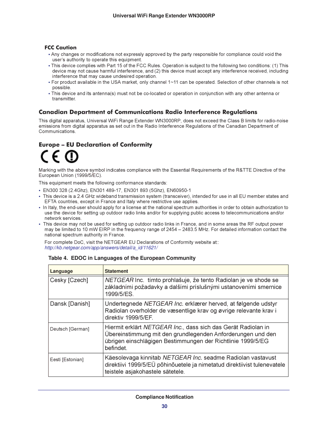 NETGEAR wn3000rp user manual Europe EU Declaration of Conformity, Universal WiFi Range Extender WN3000RP FCC Caution 