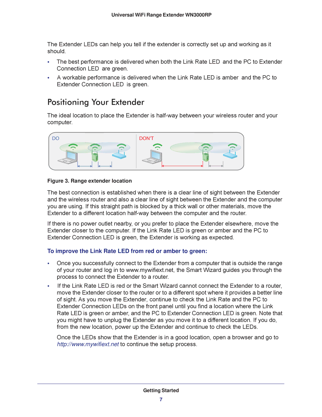 NETGEAR wn3000rp user manual Positioning Your Extender, To improve the Link Rate LED from red or amber to green 