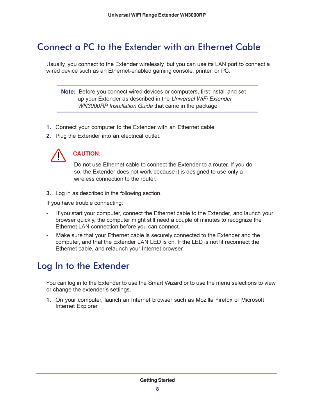 NETGEAR wn3000rp user manual Connect a PC to the Extender with an Ethernet Cable, Log In to the Extender 