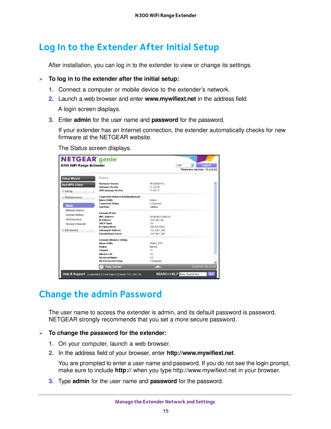 NETGEAR wn3000rp user manual Log In to the Extender After Initial Setup, Change the admin Password 