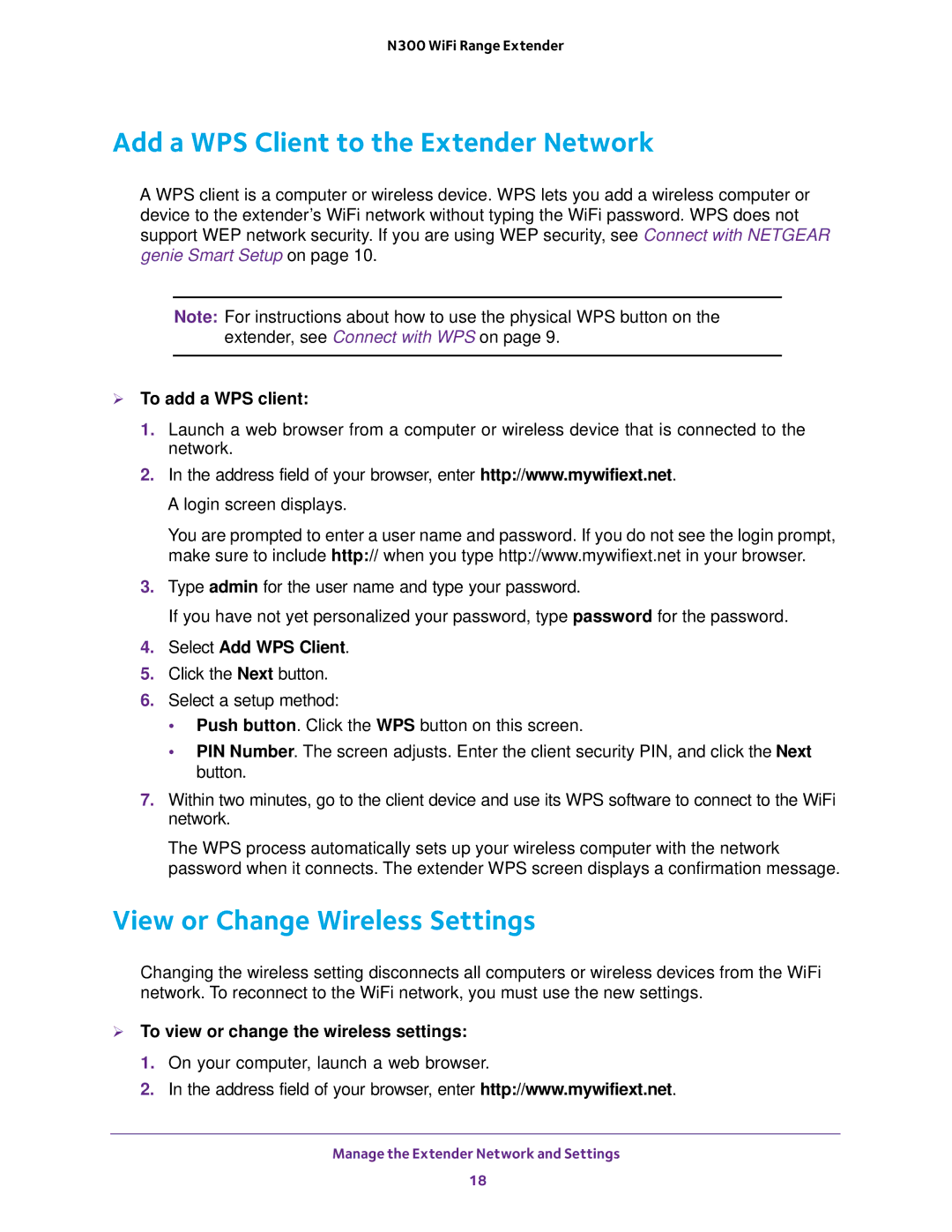 NETGEAR wn3000rp Add a WPS Client to the Extender Network, View or Change Wireless Settings,  To add a WPS client 