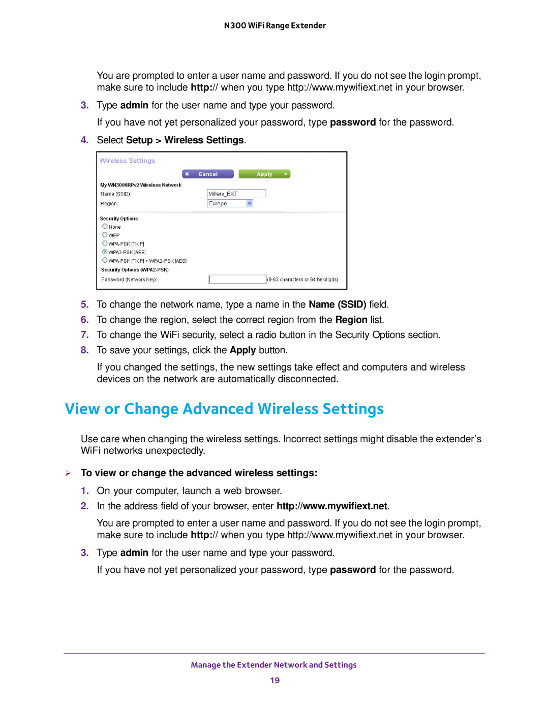 NETGEAR wn3000rp user manual View or Change Advanced Wireless Settings, Select Setup Wireless Settings 