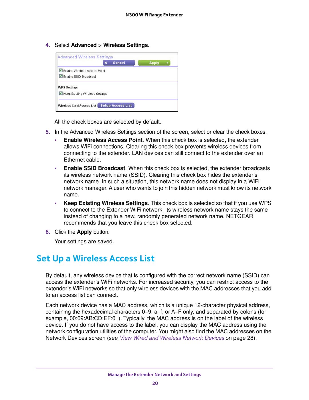 NETGEAR wn3000rp user manual Set Up a Wireless Access List, Select Advanced Wireless Settings 