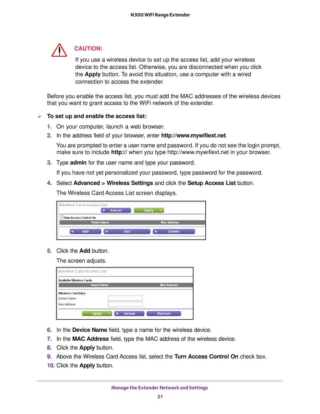 NETGEAR wn3000rp user manual  To set up and enable the access list 