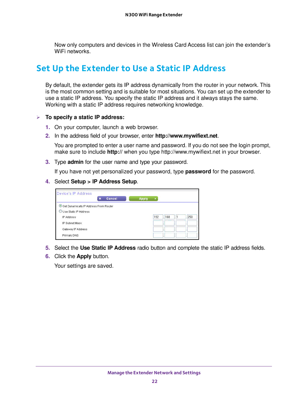 NETGEAR wn3000rp user manual Set Up the Extender to Use a Static IP Address,  To specify a static IP address 