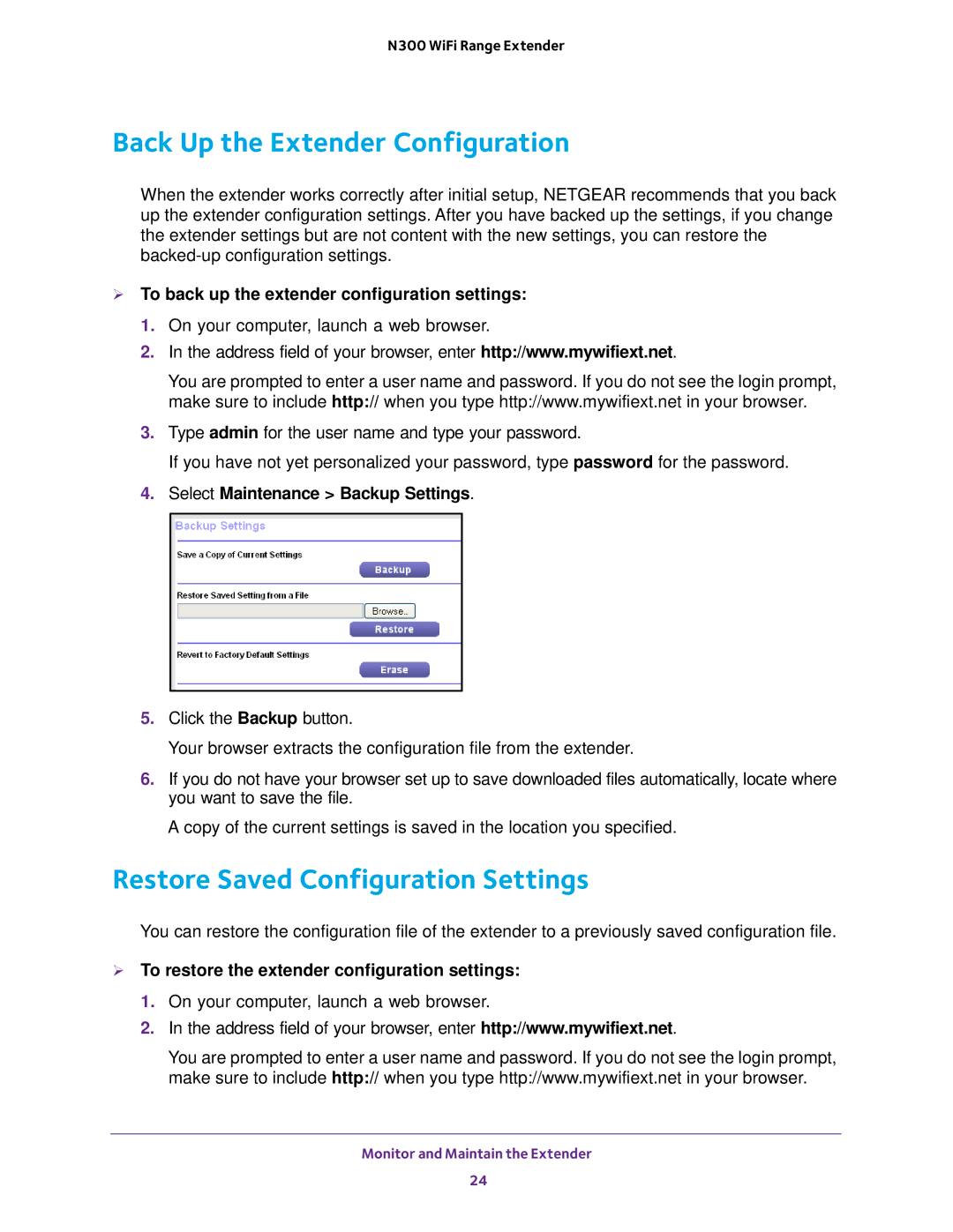 NETGEAR wn3000rp user manual Back Up the Extender Configuration, Restore Saved Configuration Settings 