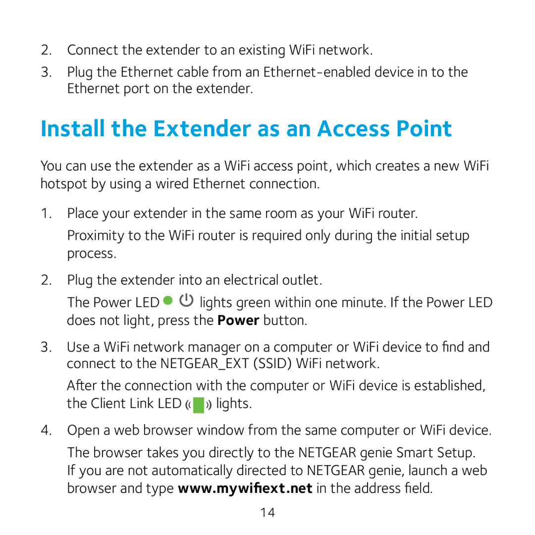 NETGEAR WN3000RPv3 manual Install the Extender as an Access Point 