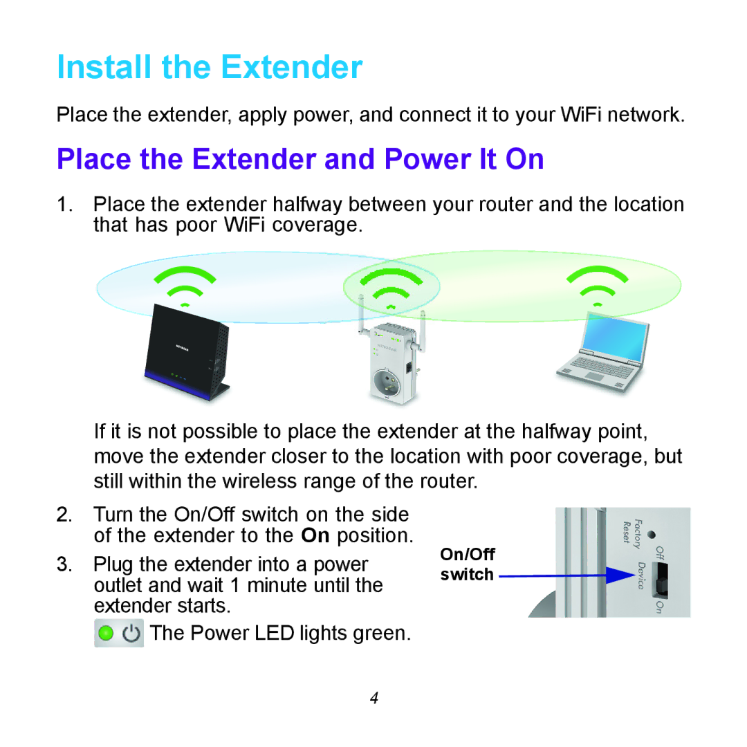 NETGEAR WN31000RP manual Install the Extender, Place the Extender and Power It On 