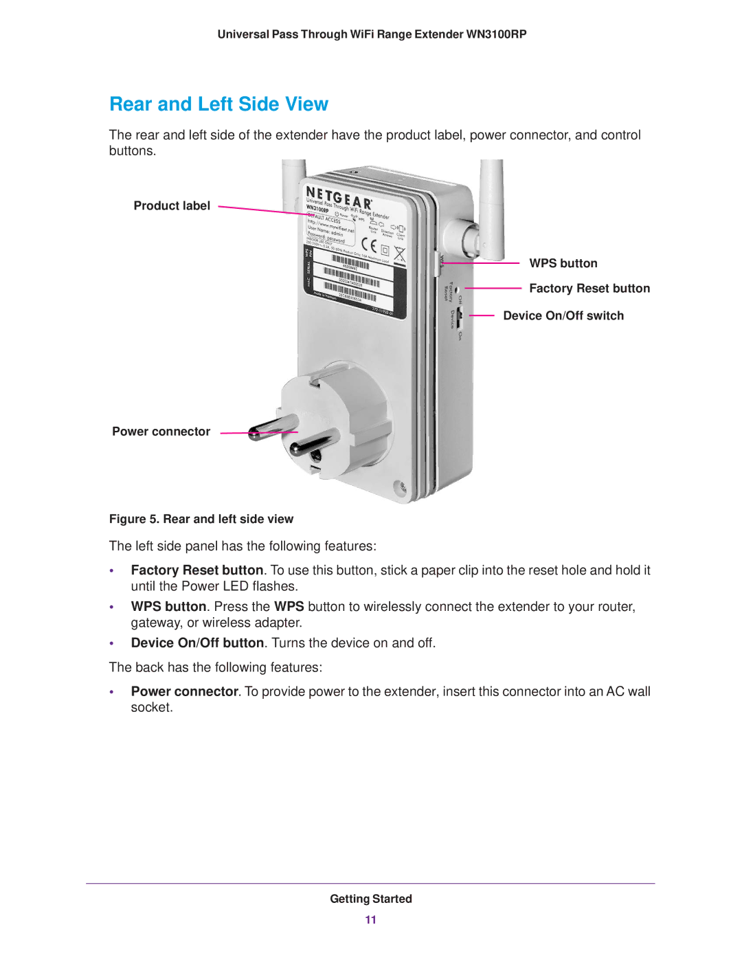 NETGEAR WN3100RP manual Rear and Left Side View, Rear and left side view 