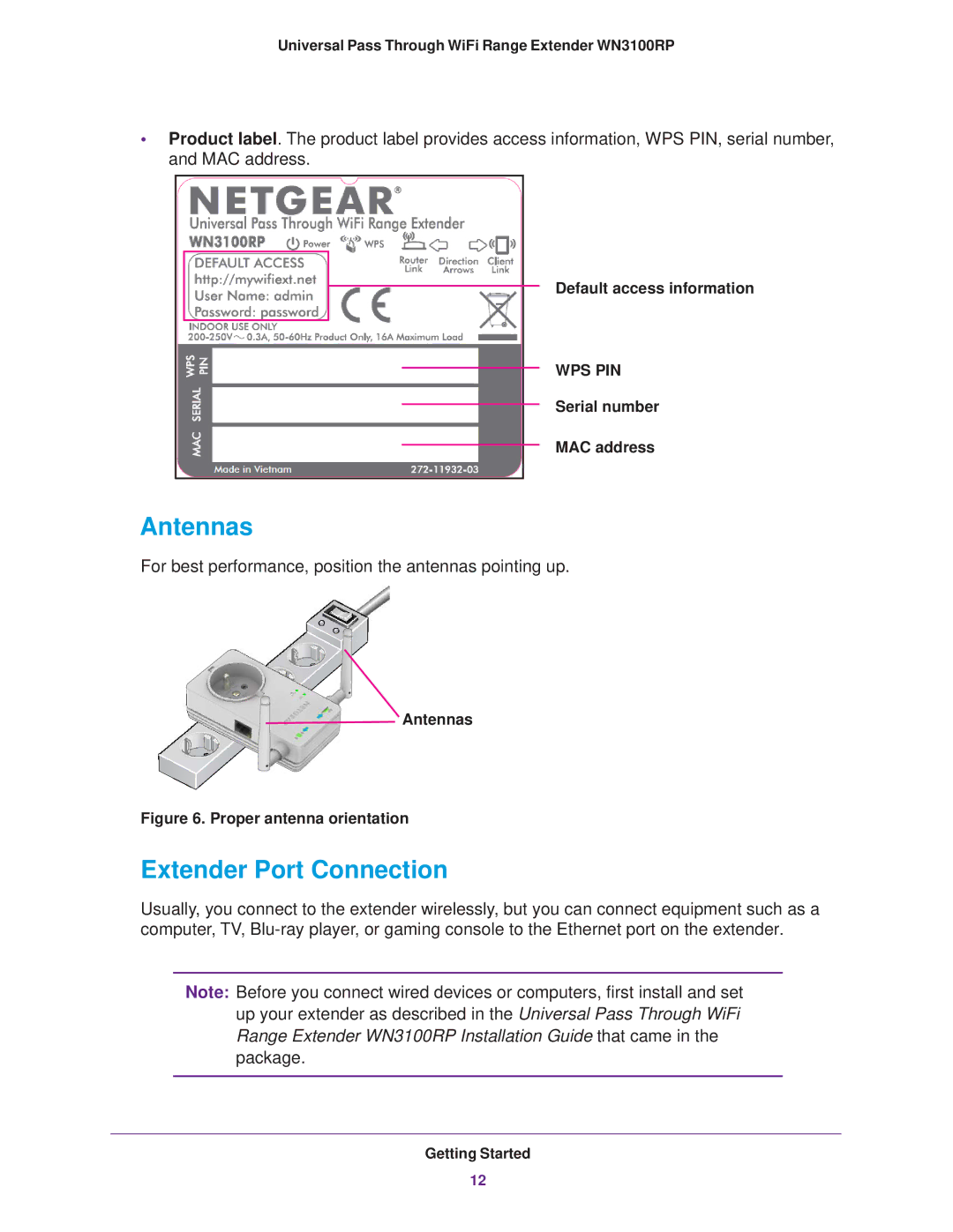 NETGEAR WN3100RP manual Antennas, Extender Port Connection 