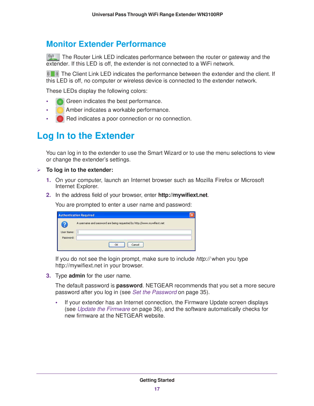 NETGEAR WN3100RP manual Log In to the Extender, Monitor Extender Performance,  To log in to the extender 