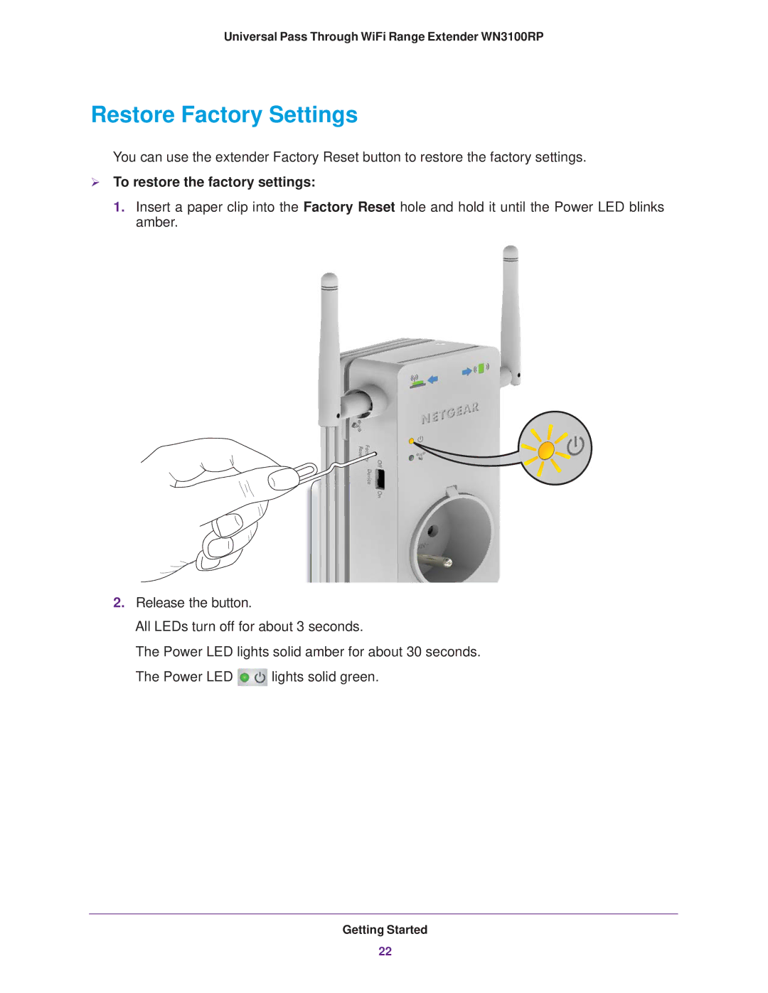 NETGEAR WN3100RP manual Restore Factory Settings,  To restore the factory settings 