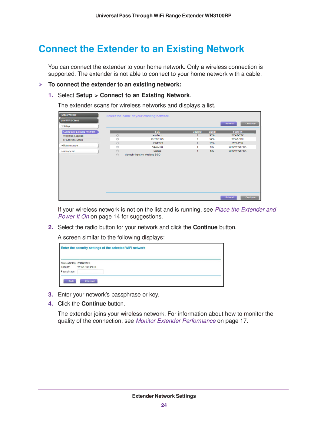 NETGEAR WN3100RP manual Connect the Extender to an Existing Network 