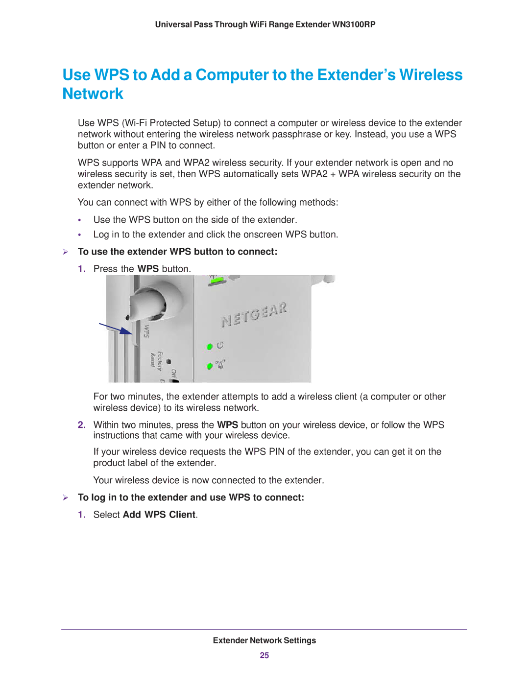 NETGEAR WN3100RP manual Use WPS to Add a Computer to the Extender’s Wireless Network 