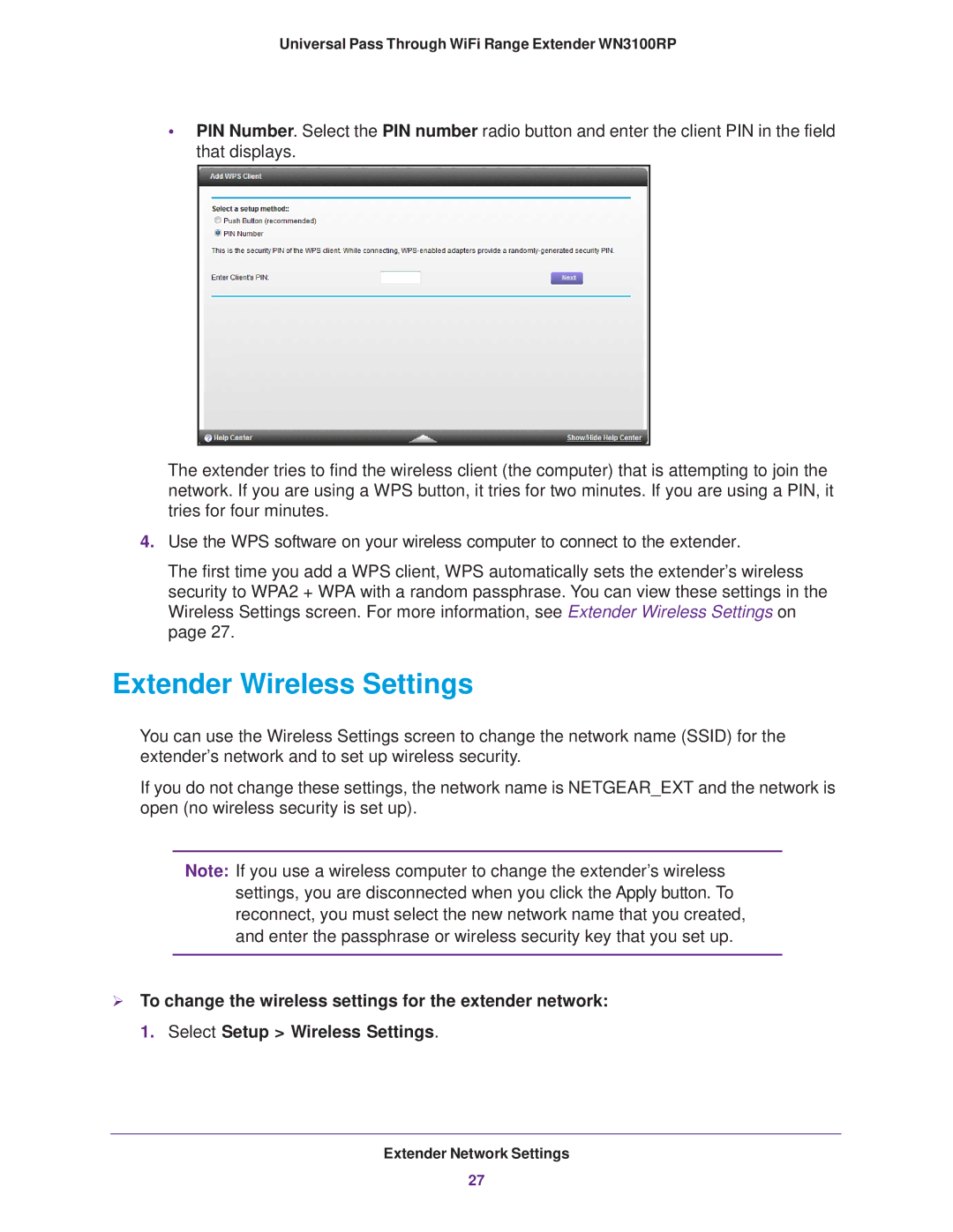 NETGEAR WN3100RP manual Extender Wireless Settings 