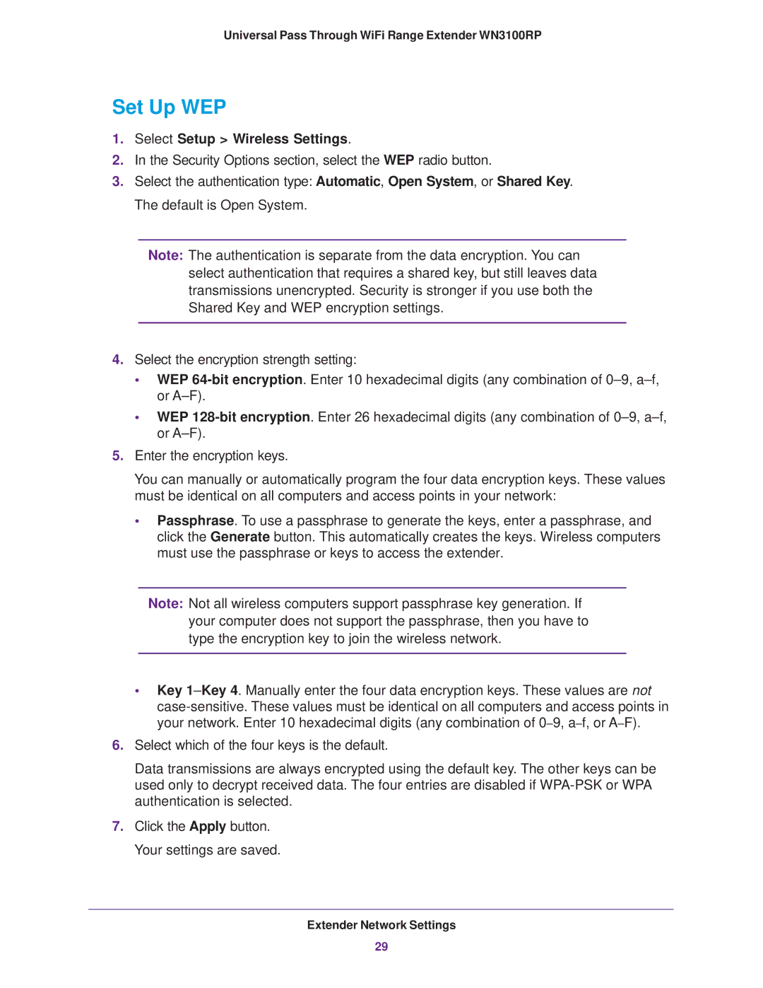 NETGEAR WN3100RP manual Set Up WEP, Select Setup Wireless Settings 