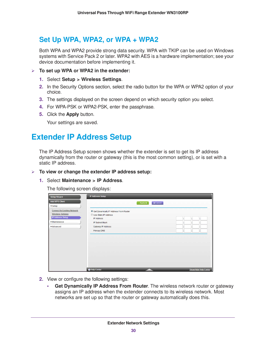 NETGEAR WN3100RP manual Extender IP Address Setup, Set Up WPA, WPA2, or WPA + WPA2 