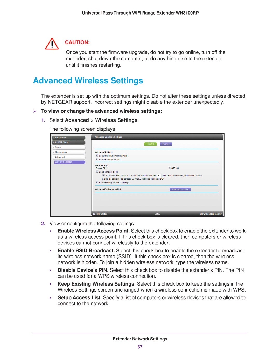 NETGEAR WN3100RP manual Advanced Wireless Settings 