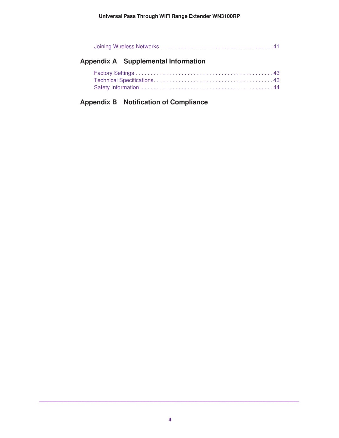 NETGEAR WN3100RP manual Appendix a Supplemental Information 