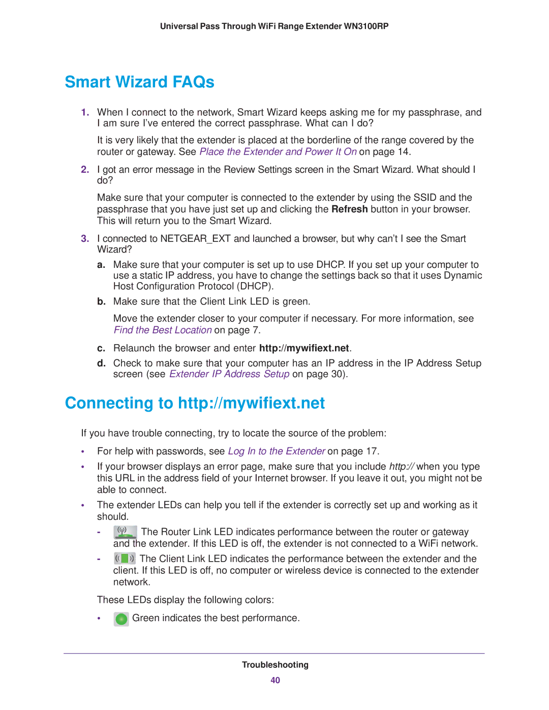 NETGEAR WN3100RP manual Smart Wizard FAQs, Connecting to http//mywifiext.net 