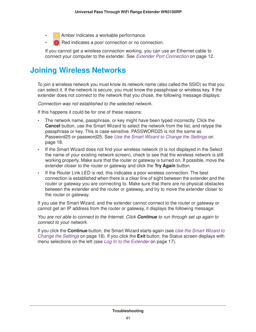 NETGEAR WN3100RP manual Joining Wireless Networks, Connection was not established to the selected network 