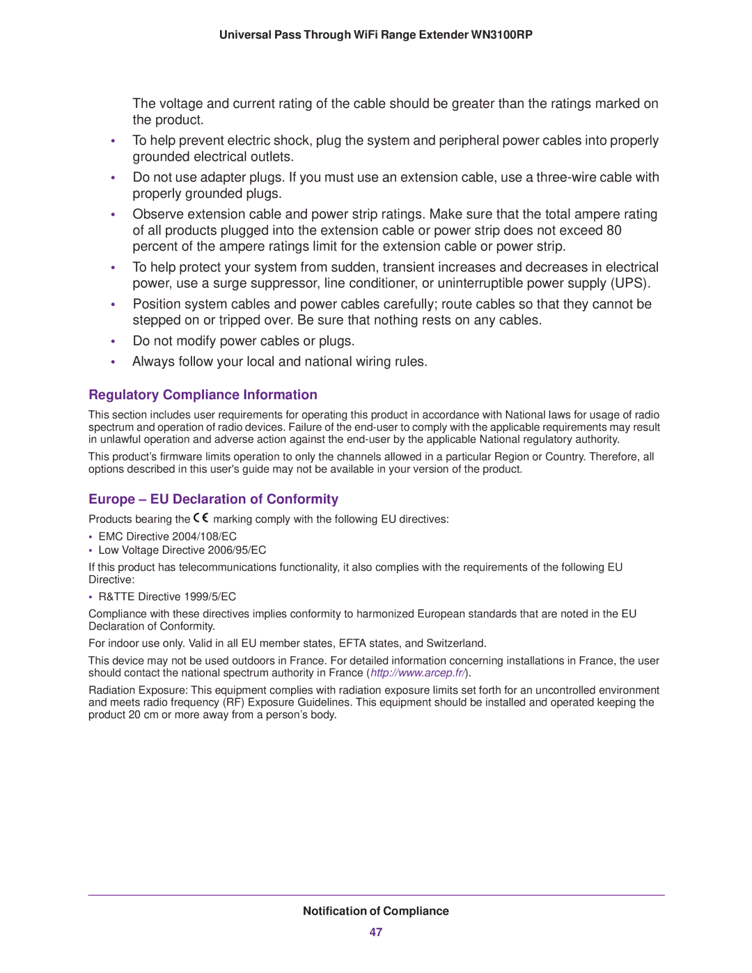 NETGEAR WN3100RP manual Regulatory Compliance Information 