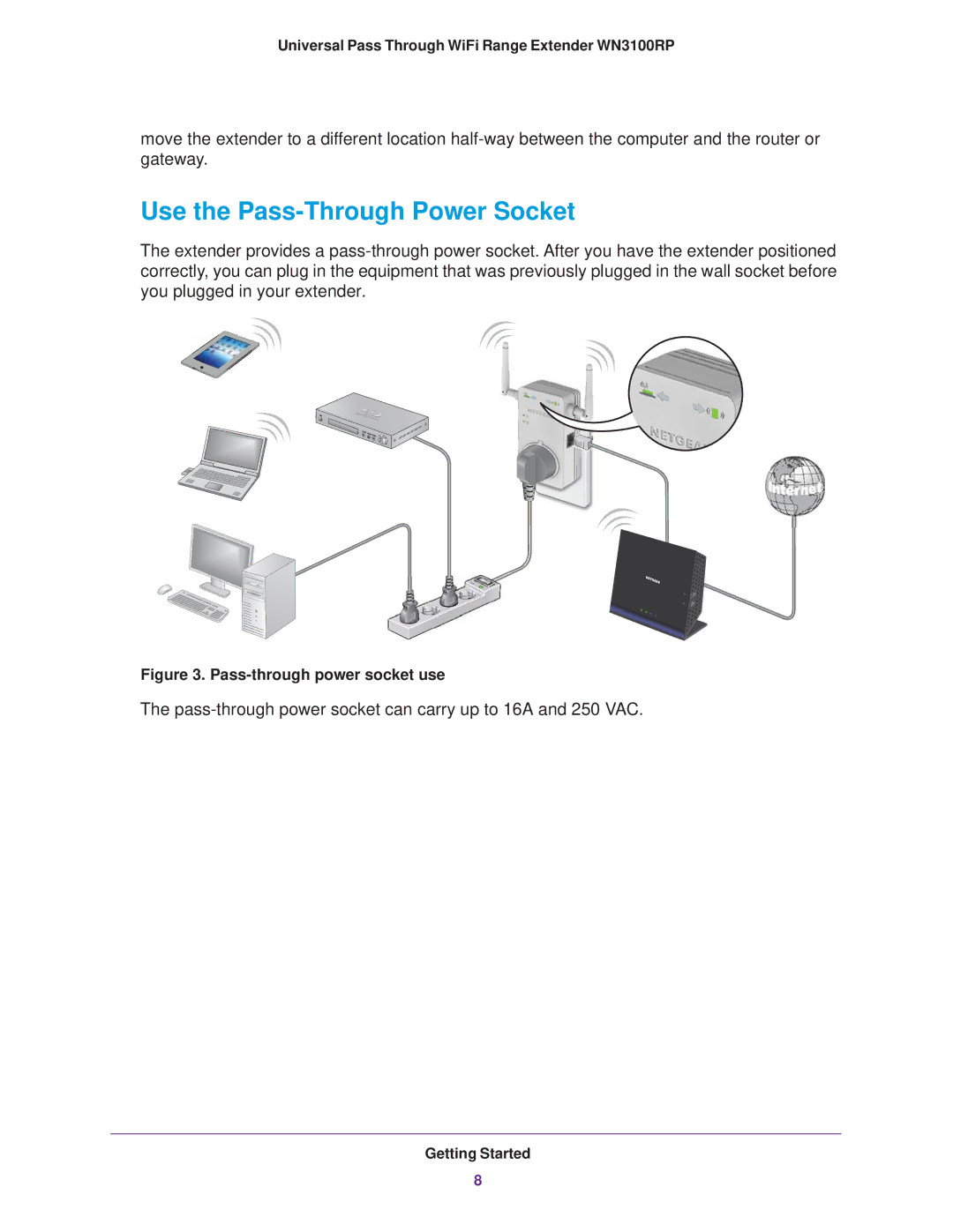 NETGEAR WN3100RP manual Use the Pass-Through Power Socket, Pass-through power socket use 