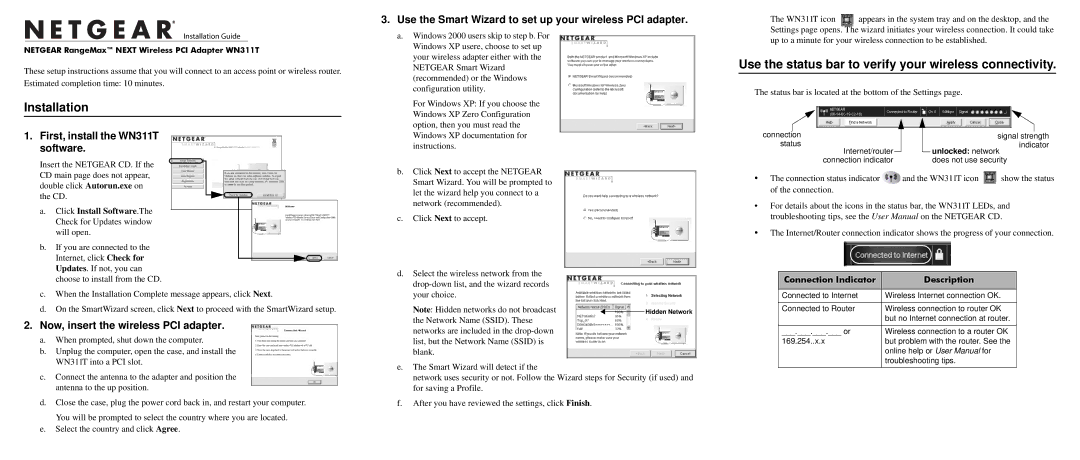 NETGEAR WN311T user manual Installation, Use the status bar to verify your wireless connectivity 