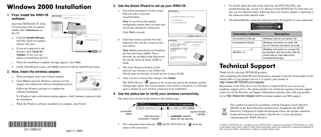 NETGEAR user manual Windows 2000 Installation, Technical Support, Use the Smart Wizard to set up your WN511B 