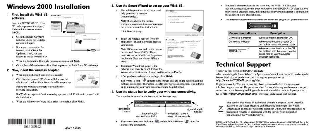 NETGEAR Windows 2000 Installation, Technical Support, Use the Smart Wizard to set up your WN511B, April 11, Description 